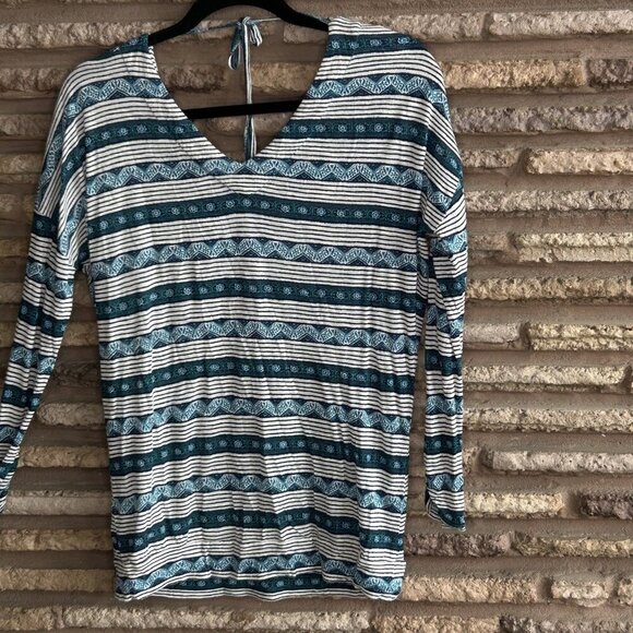 Lucky Brand Boho Striped V Neck Tie Back Long Sleeve Tee Size Small - Picture 5 of 7